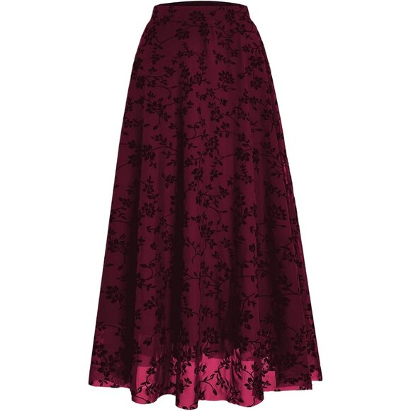 Dresses & Skirts - Women Red 100% Polyester Long Maxi Gothic Flowy Boho Floral Print Mesh Skirts